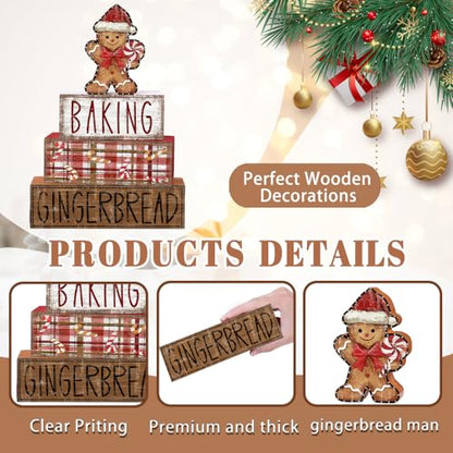 DIYDEC 4Pcs Christmas Table Decoration Gingerbread Man Wooden Block Sign Christmas Tiered Tray Decor Centerpiece Decorative Sign for Xmas Holiday Tabletop Coffee Fireplace Shelf Desk Party Decor - style: Gingerbread Man