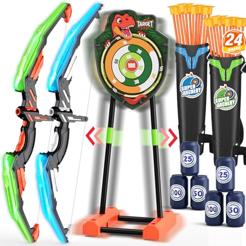 HYES 2 Pack Bow and Arrow with Moving Target for Kids, LED Light Up Archery Set with 24 Suction Cup Arrows, 6 Score Targets & 2 Quiver, Indoor Outdoor Sport Gifts for Boys Girls Ages 4-12 - size: 2 pack-moving target