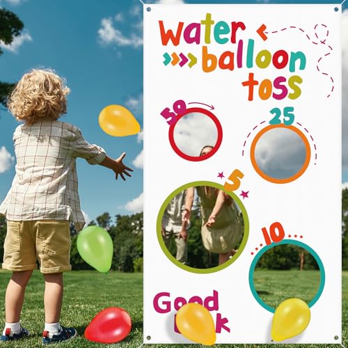 Mindsoft Water Toss Balloon Activity Set Include Toss Activity Banner, 50 Balloons, 2 Hose Nozzle Outdoor Shooter Target 4 Score Holes Water Ball Splashing Banner Swimming Pool Set for Summer Supplies