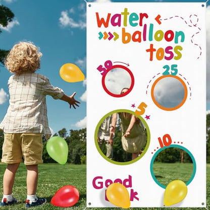 Mindsoft Water Toss Balloon Activity Set Include Toss Activity Banner, 50 Balloons, 2 Hose Nozzle Outdoor Shooter Target 4 Score Holes Water Ball Splashing Banner Swimming Pool Set for Summer Supplies