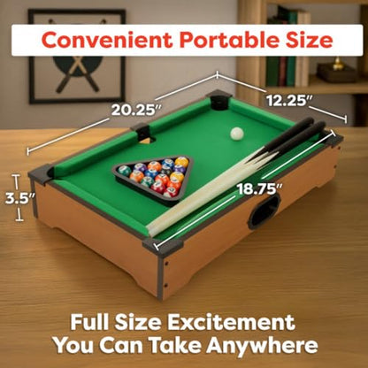 Mini Pool Table - 20-Inch Portable Tabletop Billiards Game with Cue Balls, Sticks, Chalk, Brush, and Triangle Rack - Table Games by Hey Play - style: Mini Billiards