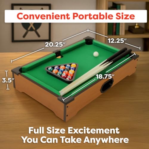 Mini Pool Table - 20-Inch Portable Tabletop Billiards Game with Cue Balls, Sticks, Chalk, Brush, and Triangle Rack - Table Games by Hey Play - style: Mini Billiards