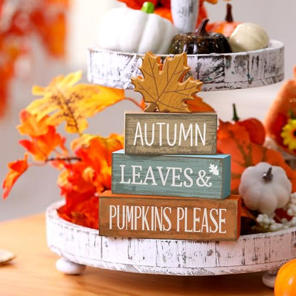 Lineshading 4 Pcs Fall Decorations for Home Thanksgiving Decor Wooden Maple Leaf Fall Table Centerpiece Autumn Tiered Tray Rustic Wood Maple Leaf Block Sign Farmhouse for Home Kitchen Shelf - style: Classic Maple Leaf