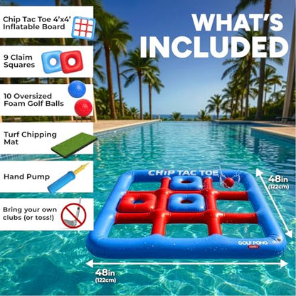 Golf Pong Chip Tac Toe Floating Pool Game - 4FT Inflatable Tic Tac Toe Pool Toy for Adults & Teens, Outdoor Games, Pool Party Games, Backyard Games & Yard Games (No Club Included)