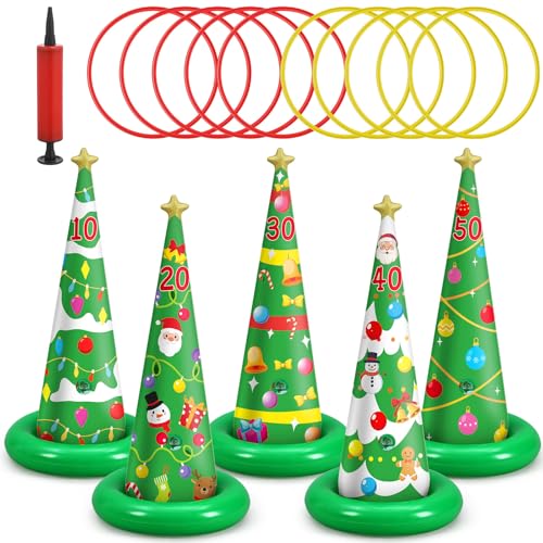 Capoda 16 Pcs Christmas Ring Toss Set, Inflatable Scoring Cones (10-50 Points) with 12 Toss Rings & Air Pump, Indoor Outdoor Holiday Party for, Family, Office, Backyard, Garden
