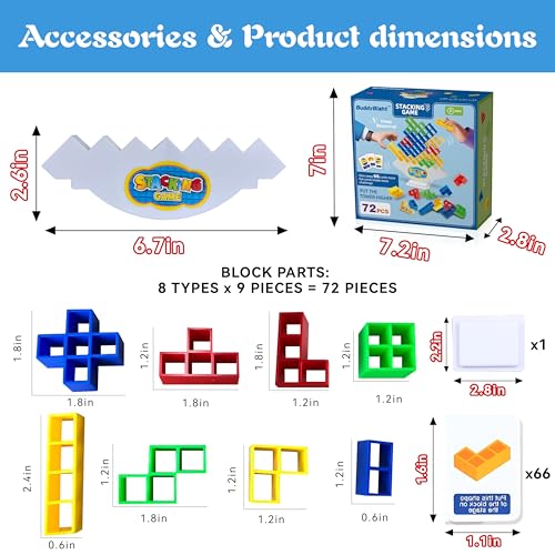 72Pcs Balance Stack Game for Kids 8+ & Adults, w/66 Challenge Cards | Large Balance Stacking Blocks for 2-4 Player, STEM Building Toy for Kids, Giant Balance Tower Game for Family&Party