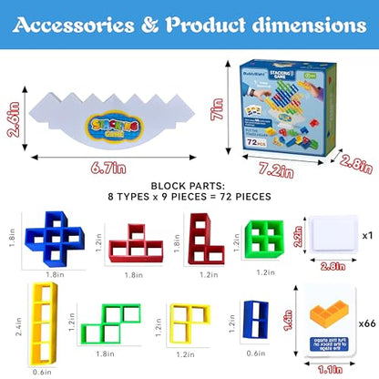 72Pcs Balance Stack Game for Kids 8+ & Adults, w/66 Challenge Cards | Large Balance Stacking Blocks for 2-4 Player, STEM Building Toy for Kids, Giant Balance Tower Game for Family&Party