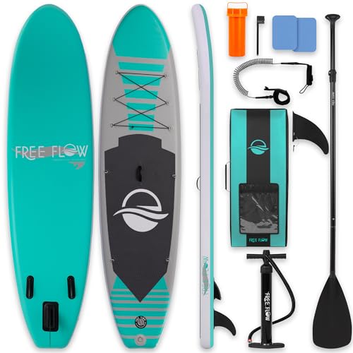 SereneLife 10’6” Inflatable Stand Up Paddle Board with Premium SUP Accessories - 32” Wide Stable Design with Non-Slip EVA Deck Pad, for Youth and Adults, 350 lbs. Capacity - color: Aqua