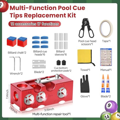 11-in-1 Aluminum Alloy Pool cue Tips Replacement kit,Pool cue tip Shaper,Professional Cue Stick Tool Kit,Pool cue Shaper Accessories for Replacement and Shaping Cue Tips (Red)