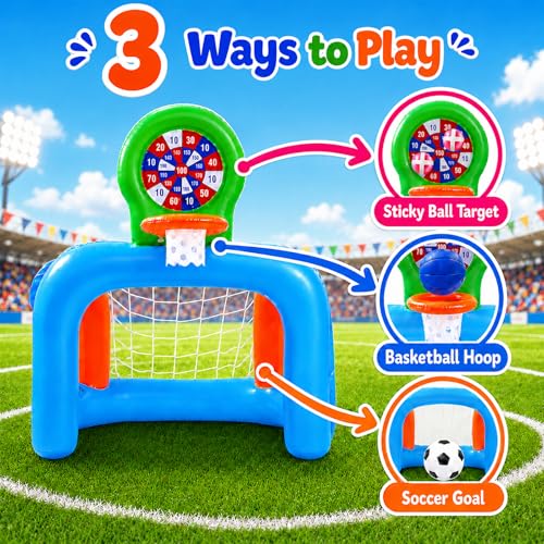 Toddler Soccer Goal & Basketball Hoop Set for Ages 2-4, 3-in-1 Inflatable Kids Sports Center with Sticky Ball Target, Indoor Outdoor Soccer Net Birthday Gift for Boys Girls