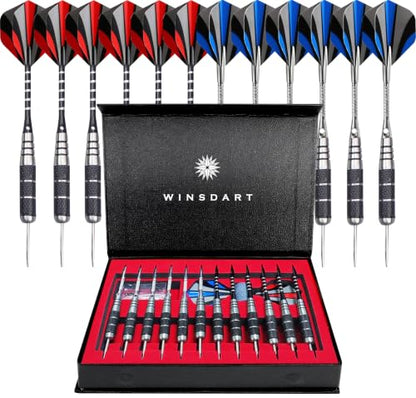 WINSDART Steel Tip Darts 12 Pack Set with Nonslip Iron Barrel Aluminum Dart Shafts and Flights Darts Sharpener an Gift Box - color: DARTS-B