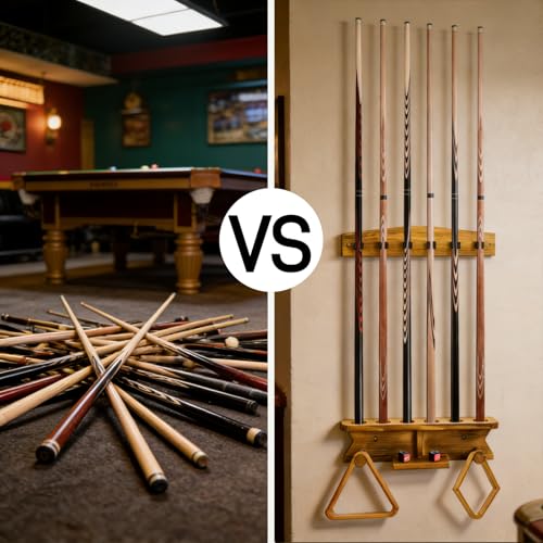 Pumtus Wall Mount Pool Stick Holder, Wood Billiard Cue Rack for 6 Cues Storage & 2 Ball Racks, Sturdy Hanging Pool Cue Rack, Pool Table Accessories Equipment Organizer for Game Room, Bar