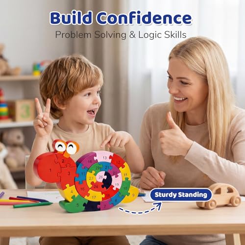 LovesTown Wooden Puzzles for Kids, Double Sided Snail Jigsaw with Alphabet & Numbers, Montessori Educational Toy for Toddlers, Chunky Animal Gift - size: Medium, style: Snail