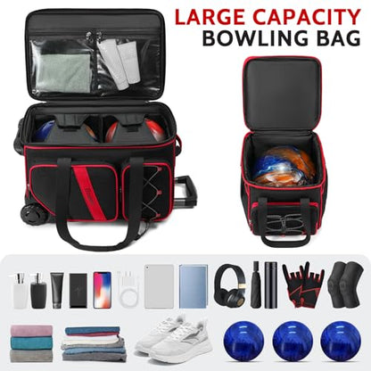BOSSTIN 3 Ball Bowling Bag with Wheels, 2 Ball Bowling Bags Double roller with 1 Ball Add On Bag, Multi-Pockets & Shoe Compartment (Fits Up to Size 15) - color: Red