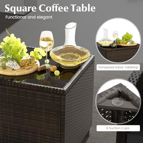 Tangkula 5 Pieces Patio Conversation Set, PE Wicker Rattan Outdoor Furniture Set with 2 Chairs, 2 Ottomans & Tempered Glass Coffee Table, Ideal for Poolside, Backyard, Lawn, Deck, Mix Brown & Black - color: Mix Brown & Black