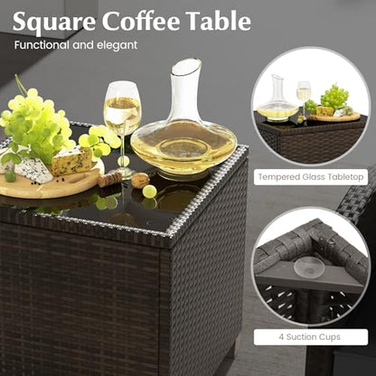 Tangkula 5 Pieces Patio Conversation Set, PE Wicker Rattan Outdoor Furniture Set with 2 Chairs, 2 Ottomans & Tempered Glass Coffee Table, Ideal for Poolside, Backyard, Lawn, Deck, Mix Brown & Black - color: Mix Brown & Black