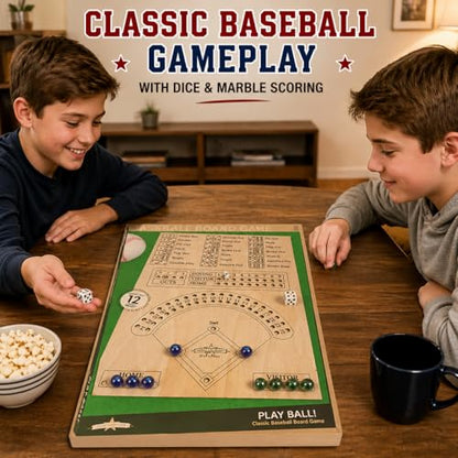 Classic Baseball Board Activity, Two Player Tabletop Dice Play Set with Wooden Surface Plus Marble Scoring, Indoor Family Gathering Entertainment for Children Ages 8-12, Teens, Adults