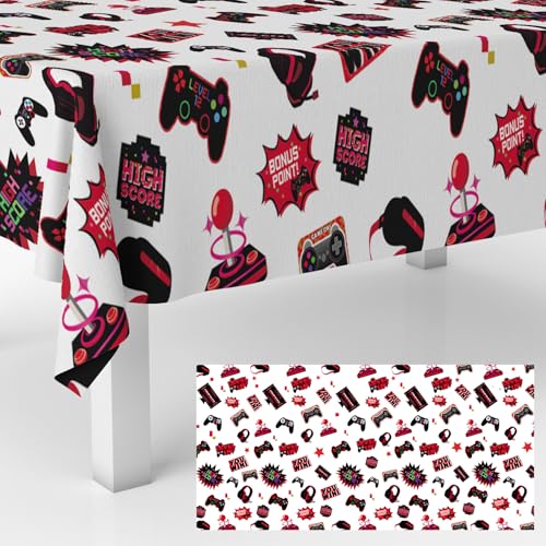 Red Video Game Party Tablecloth Gamer Birthday Party Supplies Level Up Decorations High Score Video Gaming Theme Table Cover for Dining Banquet Fiesta Picnic Anniversary Wedding Party Decorations - size: 157