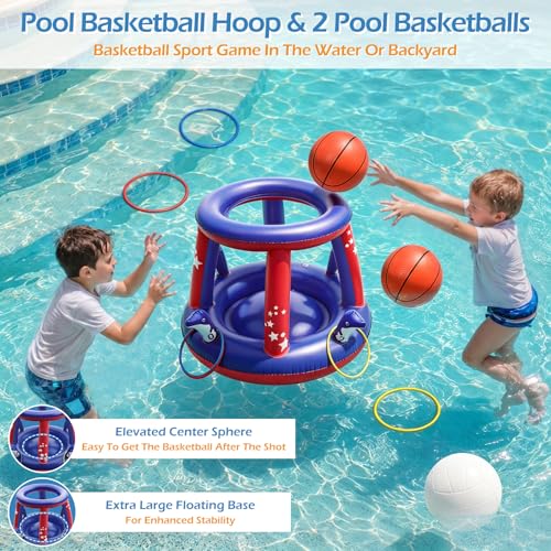 Jasonwell Pool Toys Games Set - 3 in 1 Pool Volleyball Net Basketball Hoop Ring Toss Game Inflatable Floats Water Floating Volleyball Swimming Pools Games Party Gift for Kids Adults (Red&Blue, XL)