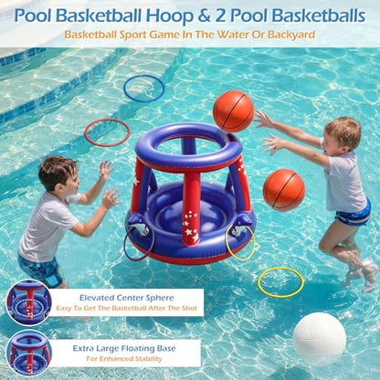 Jasonwell Pool Toys Games Set - 3 in 1 Pool Volleyball Net Basketball Hoop Ring Toss Game Inflatable Floats Water Floating Volleyball Swimming Pools Games Party Gift for Kids Adults (Red&Blue, L) - color: Red&blue, size: Large