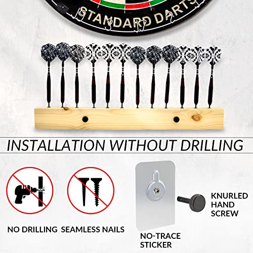 DIMBOI Wood Dart Holder Wall Mount Displays 4 Sets for A Total of 12 Steel/Soft Tip Darts,with Darts Throw Line Marker
