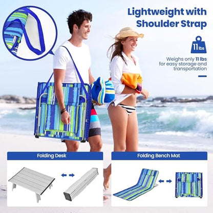 Goplus Beach Chairs with Side Table, 2 Pack Folding Lounge Chairs for Adults, with 5 Adjustable Position, Backpack Lightweight Reclining Lounge Chair for Lawn Camping Picnic Sunbath Pool (Blue Stripe) - color: Blue Stripe
