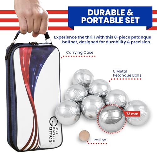 Idle Banter Boules Game Set - Flag Themed Carrying Case with 8 Premium 73 mm Petanque Balls, Fun & Portable Outdoor Lawn Game for All Ages, Classic French Sport for Skill & Strategy