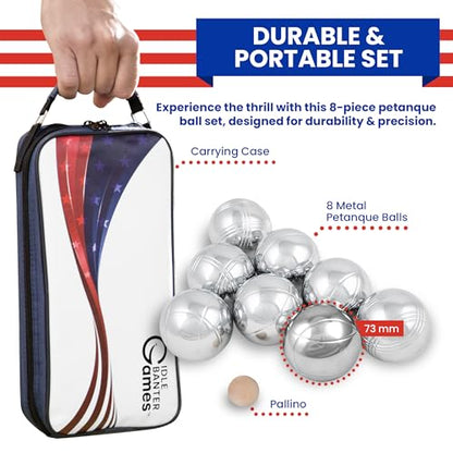 Idle Banter Boules Game Set - Flag Themed Carrying Case with 8 Premium 73 mm Petanque Balls, Fun & Portable Outdoor Lawn Game for All Ages, Classic French Sport for Skill & Strategy