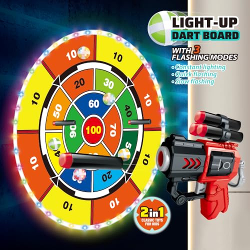 Light Up Dart Board for Kids | Large 29" Shooting Game with 2 Toy Guns & 20 Soft Foam Bullets | Game Room Dartboard | Indoor & Outdoor Wall Games | Holiday & Birthday Gift for Boys & Girls 5+ Yrs Old