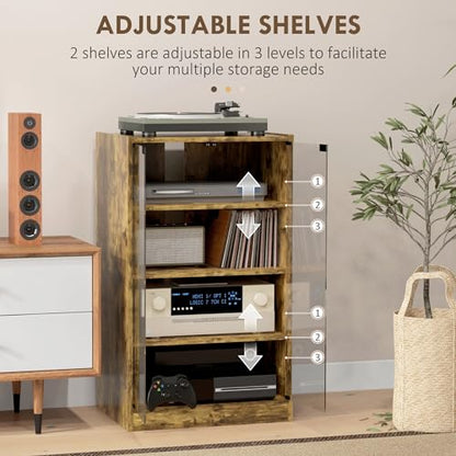 Rustic Brown 4-Shelf Media Stand - Steel-Reinforced MDF, Press-Lock Glass Doors, Adjustable AV Rack for Gaming/TV Gear
