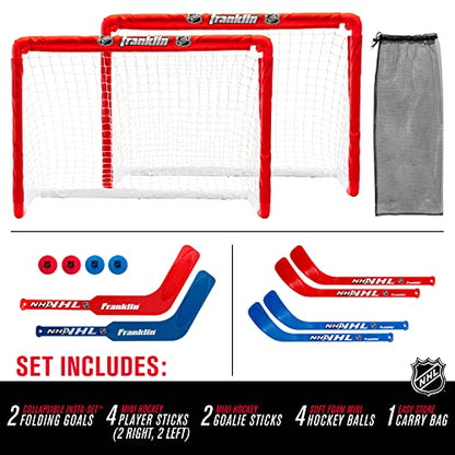 Franklin Sports NHL Kids Mini Hockey Goal Set - (2) Mini + Knee Hockey Goals, (4) Youth Sticks, (2) Goalie Sticks + (4) Foam Balls - Knee + Mini Hockey Set - color: Red