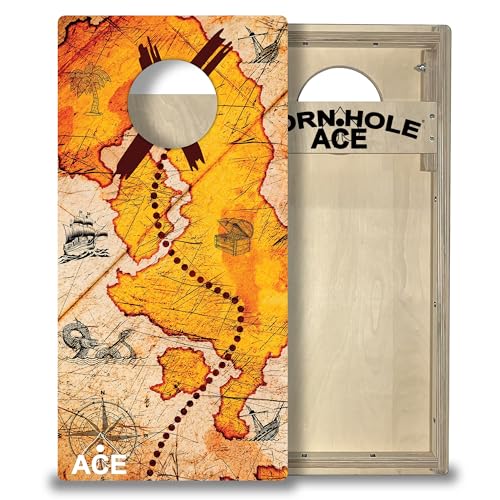 CornholeAce Tailgate Size Cornhole Boards - Regulation 6 inch Hole - Measures 32 inches by 16 inches - Perfect for Travel, Vacations, Beaches, Tailgating, Picnics or Camping - color: Treasure Map