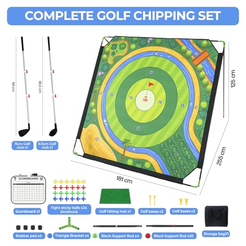 Golf Chipping Game Set with 2 Clubs – Large 71x71 inches Chipping Mat Target, 24 Sticky Balls, Hitting Mat & Scoreboard – Portable Backyard Golf Practice Game for Camping, Home & Gifts
