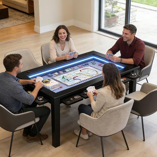 Haddockway Board Game Table with Adjustable Led Lights, 53.7in x 30.7in Play Area Removable Table Top Dining/Gaming Table with Charge Station, Play Mat, 6 Cup Holders & Trays (Black) - color: Black With Led Light