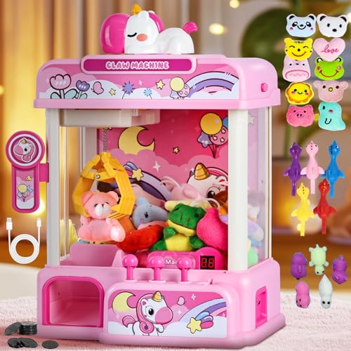 CWLAKON Claw Machine for Kids, Mini Vending Machine Girls Unicorn Toys with Sound & 20 Mini Toys, Candy Grabber Prize Dispenser Machine Electronic Arcade Games, Christmas Birthday Gifts, Pink - color: Pink