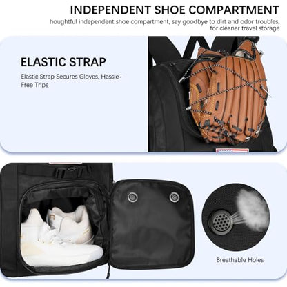 Goloni Baseball Bag, 60L Capacity Softball bag Holds 4 Bats for Youth & Adult, Baseball Bat Backpack with Shoes Compartment,Helmet Holder,Fence for Hook T-Ball, Softball Equipment, Baseball Gear - color: Black