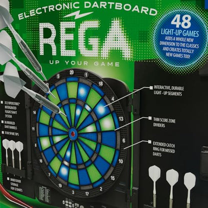 Fat Cat Rega Electronic Dart Board with LED Lights, Electric Dart Board Cabinet for Adults, 13.5" Soft Tip Dart Board, 48 Games