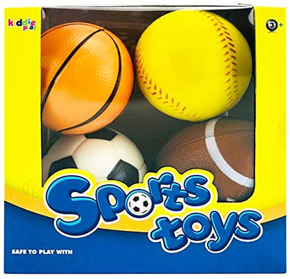 Kiddie Play Soft Foam Balls for Toddlers & Kids (Set of 4) | 4" Soccer Ball, Baseball, Basketball, and 6" Football