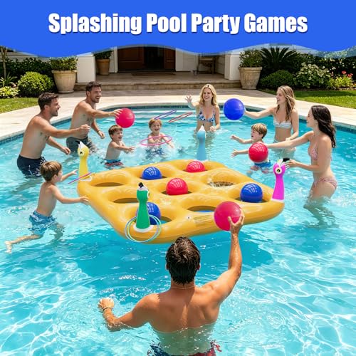Flamingo Pool Toys Games Set, 2-in-1 Giant Inflatable Tic Tac Toe Float Game & Ring Toss Game with 10 Balls & 6 Rings, Outdoor Summer Fun Beach Yard Swimming Pool Games for Adults Teens Kids 6+ - style: Flamingo