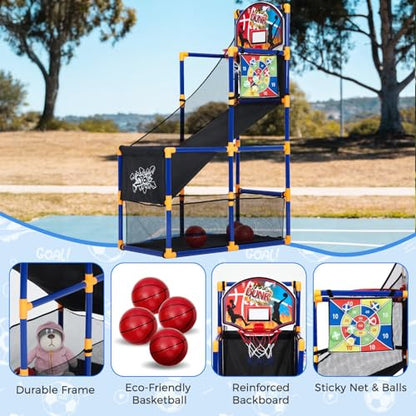 OUTLANE Kids Basketball Game Set, Basketball Hoop Stand for Kids, 56'' Basketball Shooting Toy with 4 Mini Balls, 6 and 1 Sticky Net, Indoor Outdoor Arcade Basketball Game for Boys and Girls