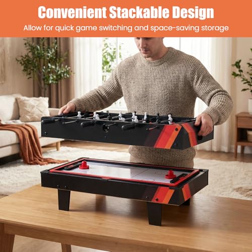 Goplus 4 in 1 Multi Game Table, Combination Game Table Set with Pool Billiards, Air Hockey, Foosball, Table Tennis, Stackable Combo Tabletops for Home, Play Room, Party Family Night - color: Black