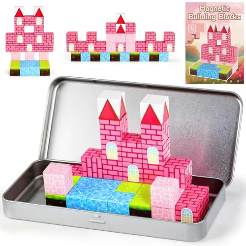3 otters 32PCS Magnetic Building Blocks Princess Castle Travel Set, STEM Magnet Cubes Toys with Metal Storage Box for Kids, Birthday Gifts for Toddler Girls - style: Fantasy Castle