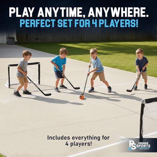 Premier Sports Kids Hockey Set – (4) Sticks, (2) Mini Goals, (1) Foam & (1) Standard Balls – Complete Beginner Set for Ages 3-9