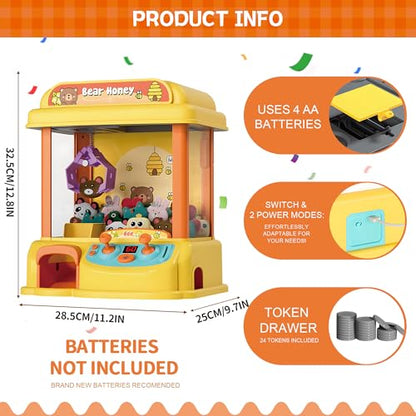 Kids Claw Machine - Toy Vending Machine for Kids with Plush Prizes, Lights & Sound, Electronic Claw Game Machine for Boys & Girls, Arcade Prize Dispenser for Party & Birthday Gifts - style: Honey Bear