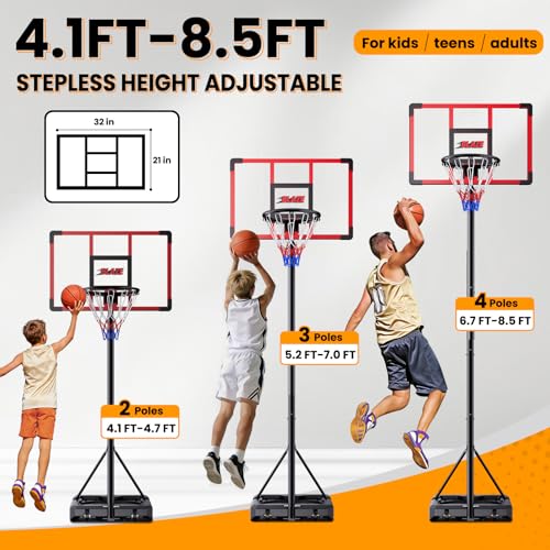 Portable Basketball Hoop for Kids & Teens, 4.1–8.5FT Adjustable Height, 32'' Shatterproof Backboard, Fillable Base with Weight Bag, Outdoor Goal for Backyard & Driveway