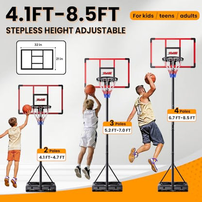 Portable Basketball Hoop for Kids & Teens, 4.1–8.5FT Adjustable Height, 32'' Shatterproof Backboard, Fillable Base with Weight Bag, Outdoor Goal for Backyard & Driveway