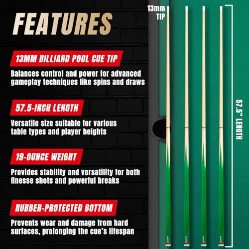 Prosniper Premium Pool Sticks Set of 4 | 58-Inch, 19-Oz Canadian Ashwood Pool Cue with Low-Deflection Shaft & 4 Extra Chalks | Pro-Grade Billiard Cue for Home & Bar Play - color: Green