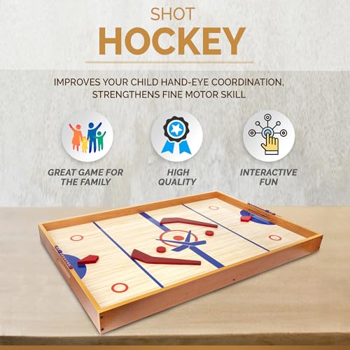 Point Games Tabletop Slap Shot Hockey Game - Super Durable Large Wooden Board With 2 Sticks and Pucks - Great Family Game for Ages 5+
