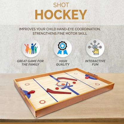 Point Games Tabletop Slap Shot Hockey Game - Super Durable Large Wooden Board With 2 Sticks and Pucks - Great Family Game for Ages 5+
