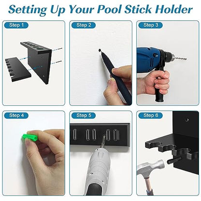Pool Stick Holder Pool Cue Rack Wall Mount Pool Cue Holder for 6 Sticks Billiard Pool Table Accessories Organizer, Black - color: Black